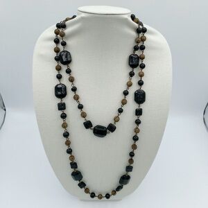Long Black Ceramic, Acrylic & Bronze Color Beaded Two Strand Necklace